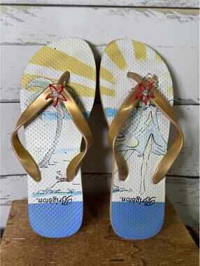 Brighton Starfish Beach Flip Flops Gold Straps Women's Size 7/8